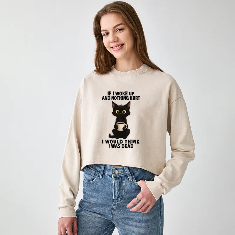 Tokyo-Tiger Funny Cute Black Cat And Coffee Meme Washed Crop Sweatshirt