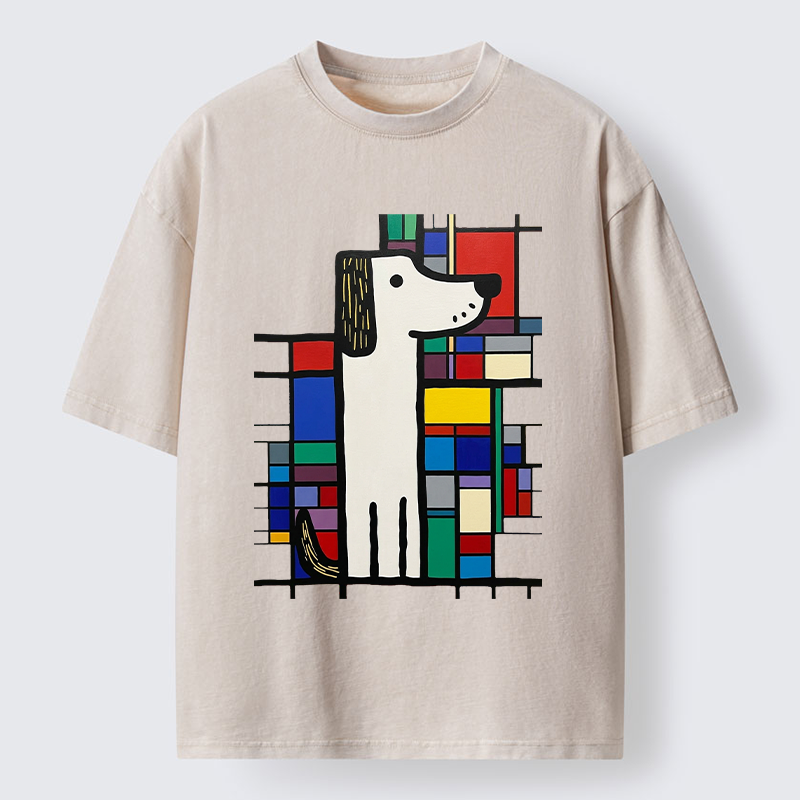 Tokyo-Tiger Geometric Cute Dog Art Washed T-Shirt