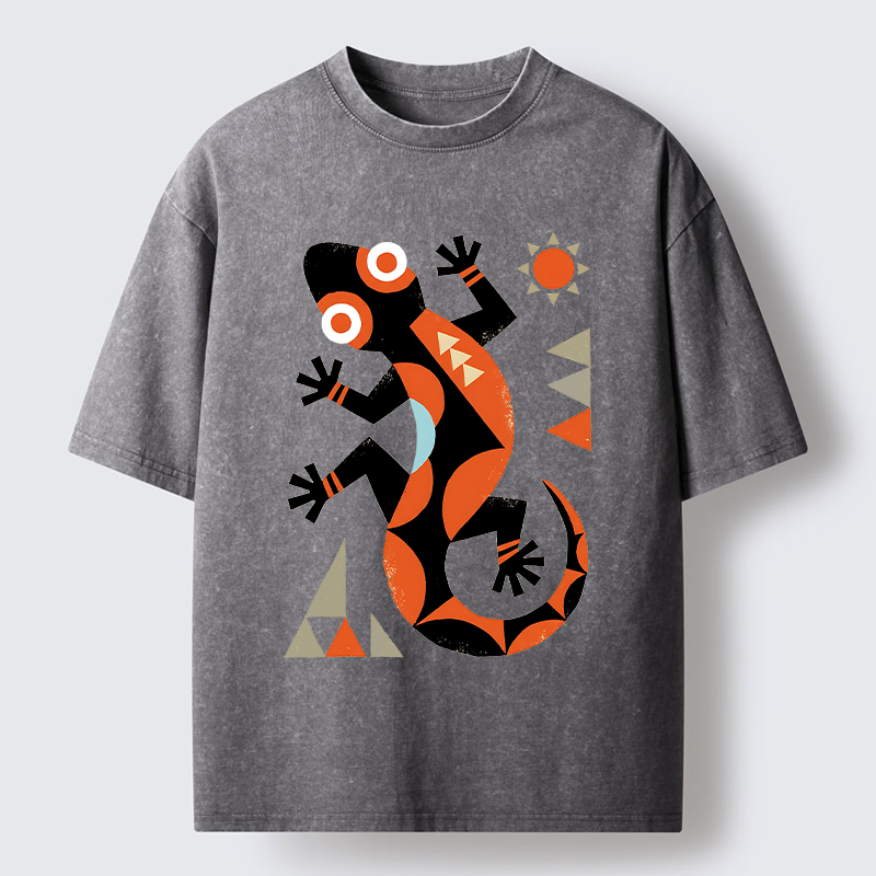 Tokyo-Tiger Abstract Geometric Gecko Washed T-Shirt