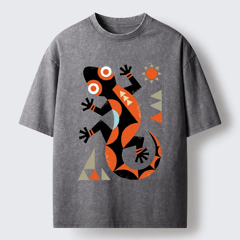 Tokyo-Tiger Abstract Geometric Gecko Washed T-Shirt