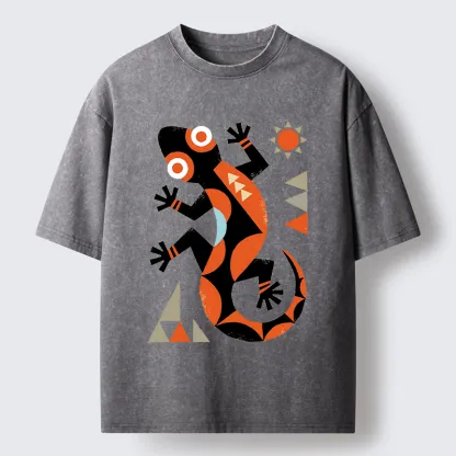Tokyo-Tiger Abstract Geometric Gecko Washed T-Shirt