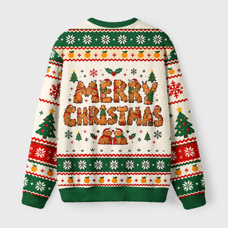 Tokyo-Tiger Cute Capybara Drinking Coffee Fuzzy Christmas Ugly Sweatshirt