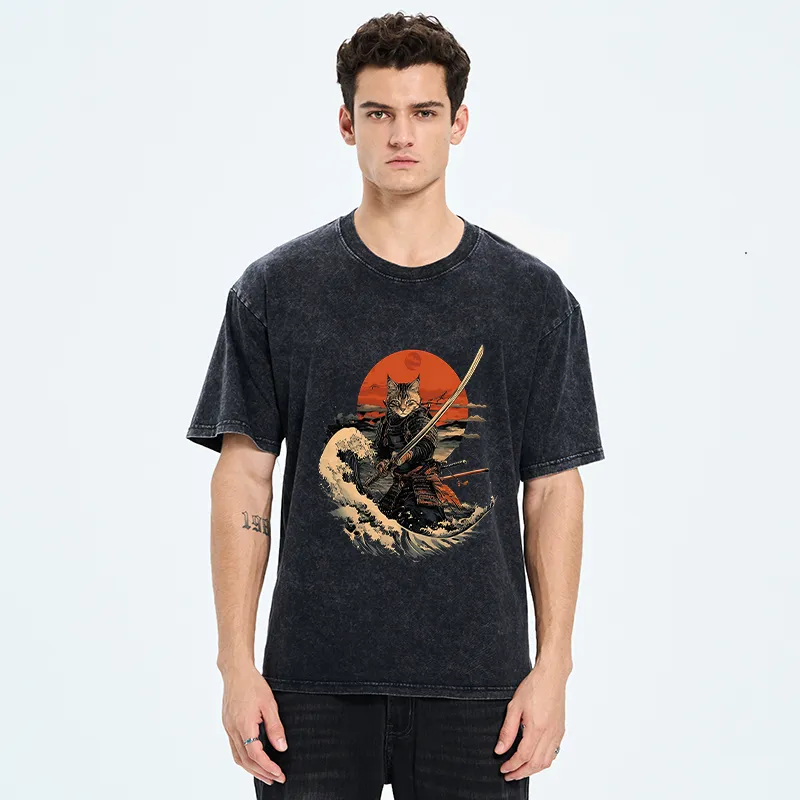 Tokyo-Tiger Handsome Cat Samurai Japanese Washed T-Shirt