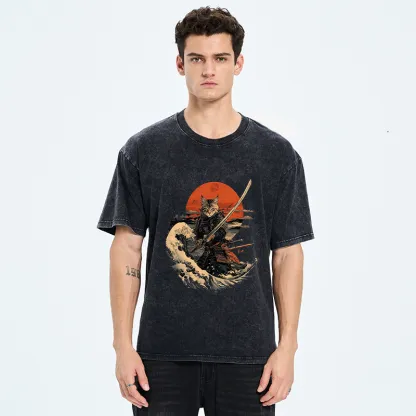 Tokyo-Tiger Handsome Cat Samurai Japanese Washed T-Shirt