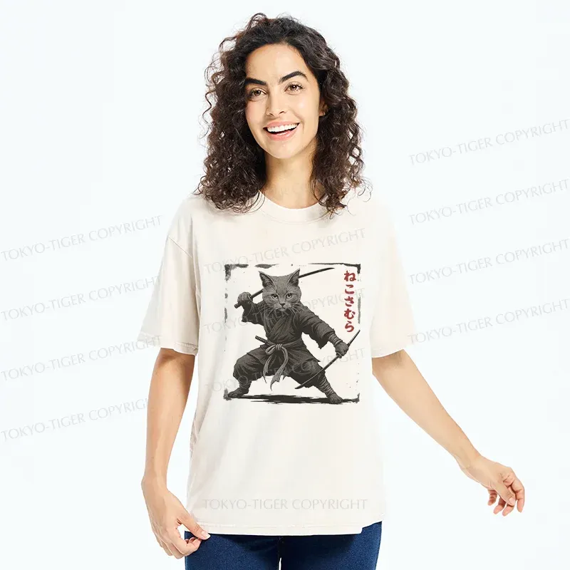 Tokyo-Tiger Handsome Cat Samurai Washed T-Shirt