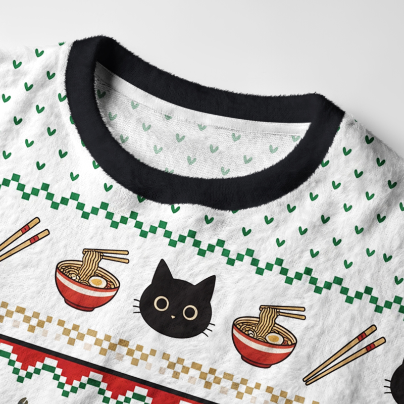 Tokyo-Tiger Cute Black Cat Eating Ramen Japan Fuzzy Christmas Ugly Sweatshirt