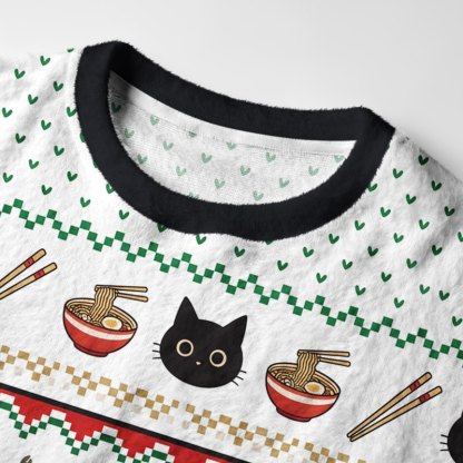 Tokyo-Tiger Cute Black Cat Eating Ramen Japan Fuzzy Christmas Ugly Sweatshirt