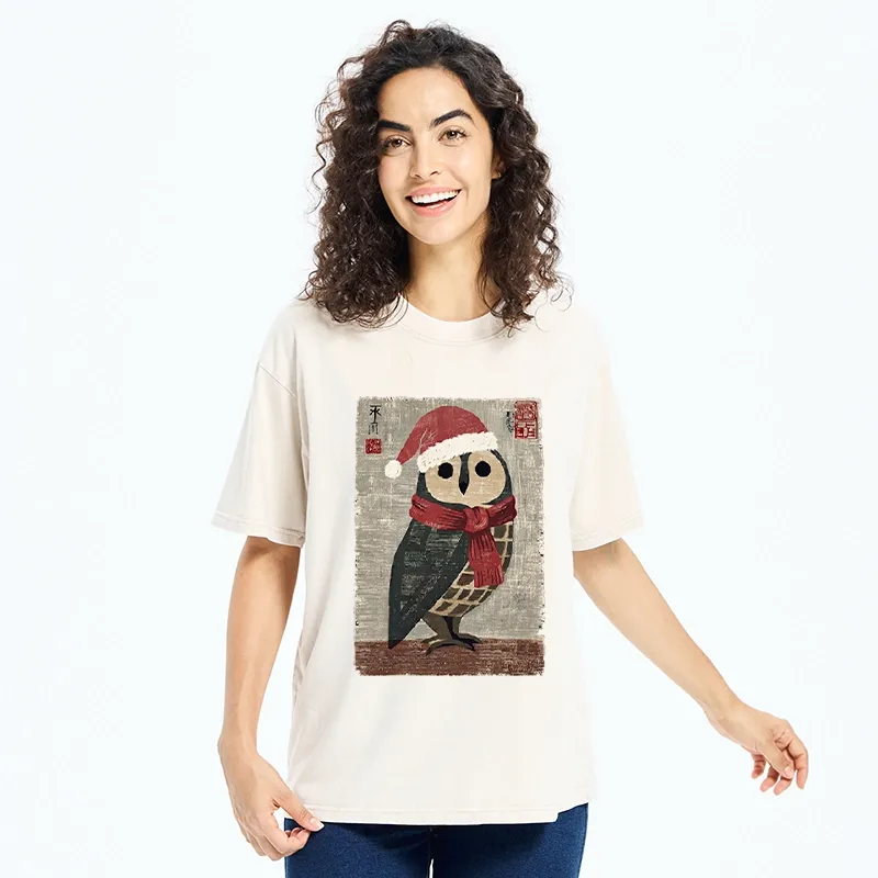 Tokyo-Tiger Christmas Owl Santa Hat Washed T-Shirt