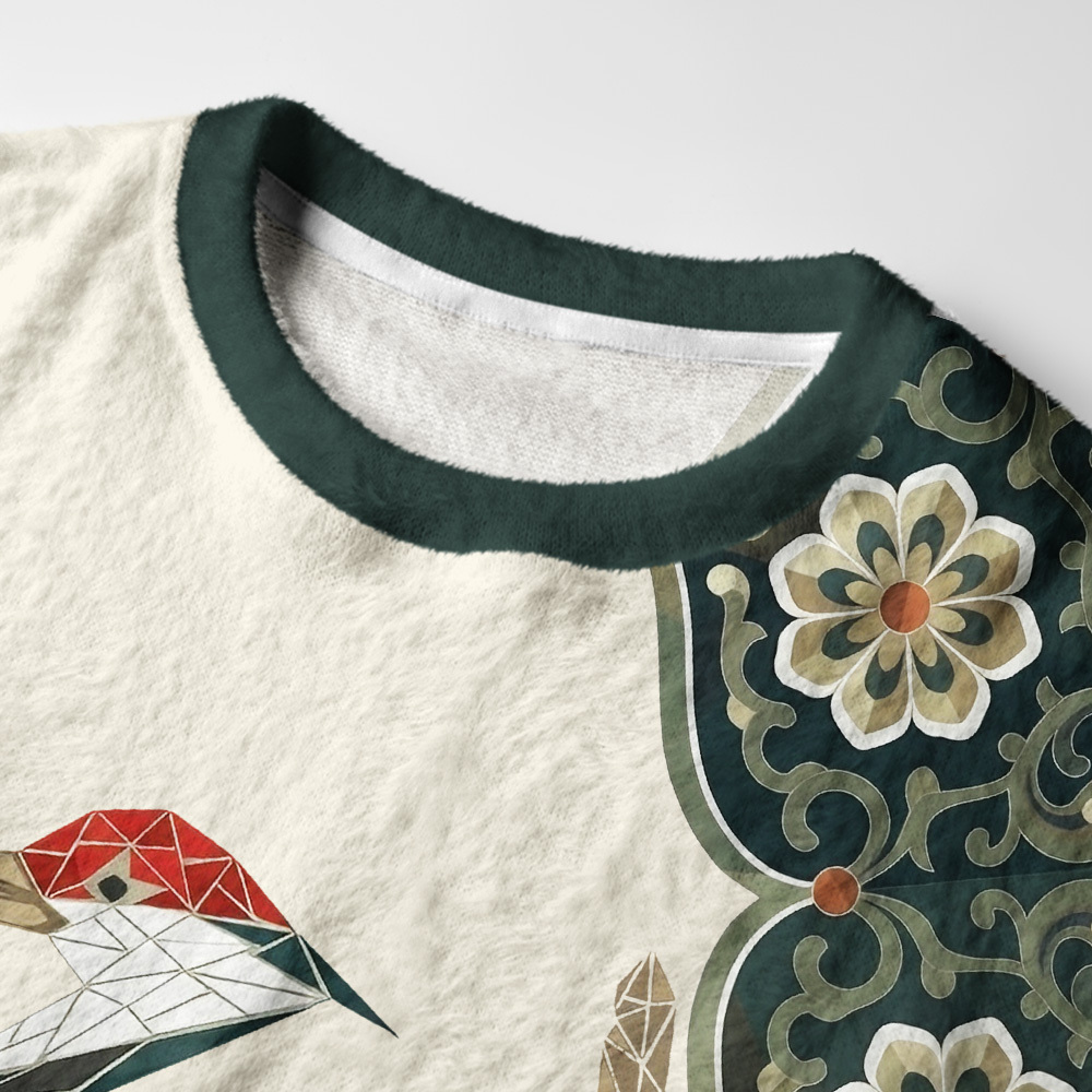 Tokyo-Tiger Geometric Crane Oriental Art Fuzzy Christmas Ugly Sweatshirt