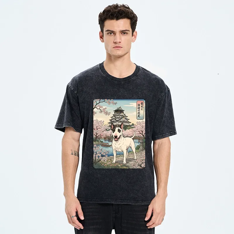 Tokyo-Tiger Ukiyo-e Bull Terrier Cherry Blossom Art Washed T-Shirt