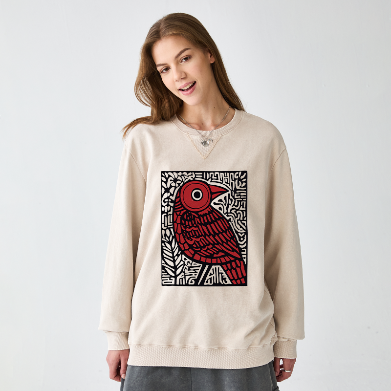 Tokyo-Tiger Retro Woodblock Bird Washed Terry Sweatshirt