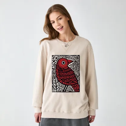 Tokyo-Tiger Retro Woodblock Bird Washed Terry Sweatshirt