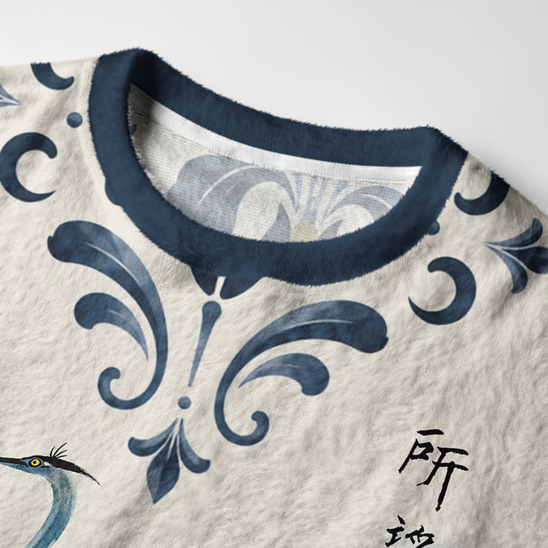 Tokyo-Tiger Ink Oriental Egret Landscape Art Fuzzy Christmas Ugly Sweatshirt