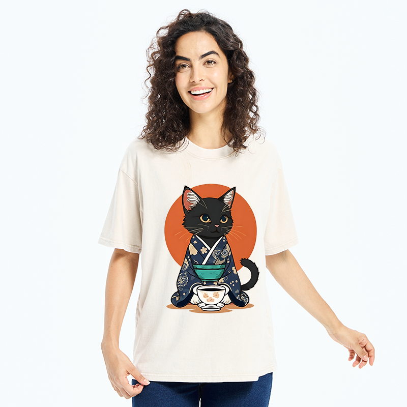 Tokyo-Tiger A Black Cat Wearing A Kimono Washed T-Shirt