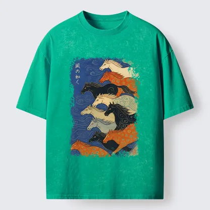 Tokyo-Tiger Vintage Japanese Running Horses Art Washed T-Shirt