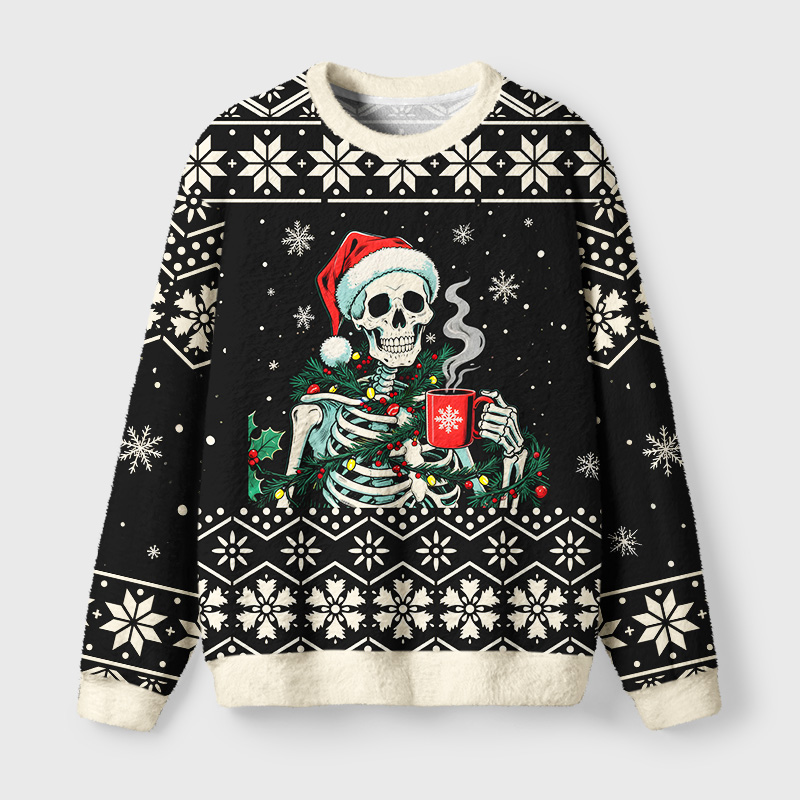 Tokyo-Tiger Christmas Skull Coffee Fuzzy Christmas Ugly Sweatshirt