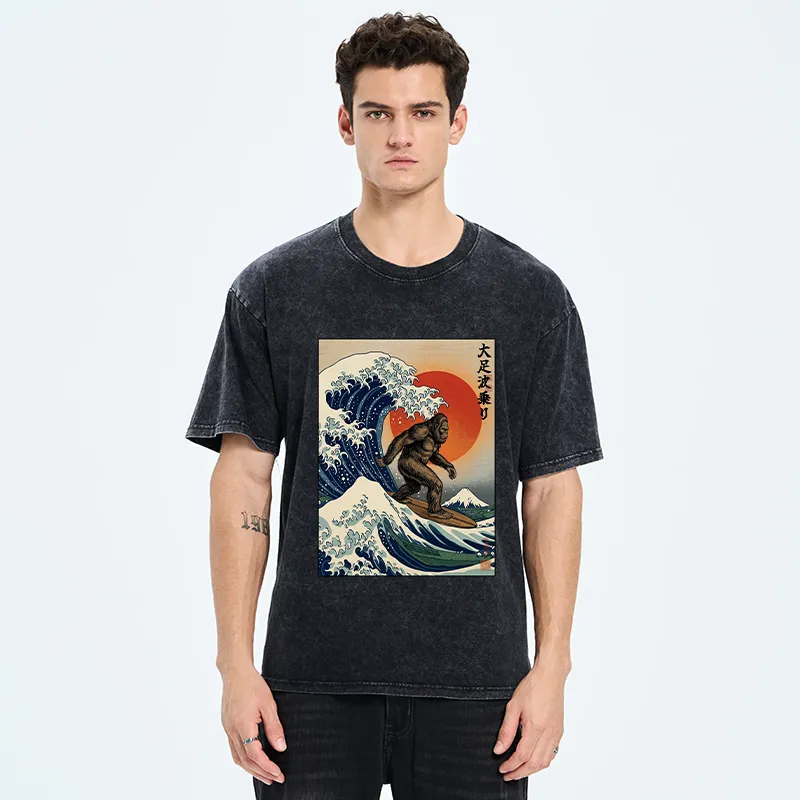 Tokyo-Tiger Monster Surf Wave Ukiyo Art Washed T-Shirt