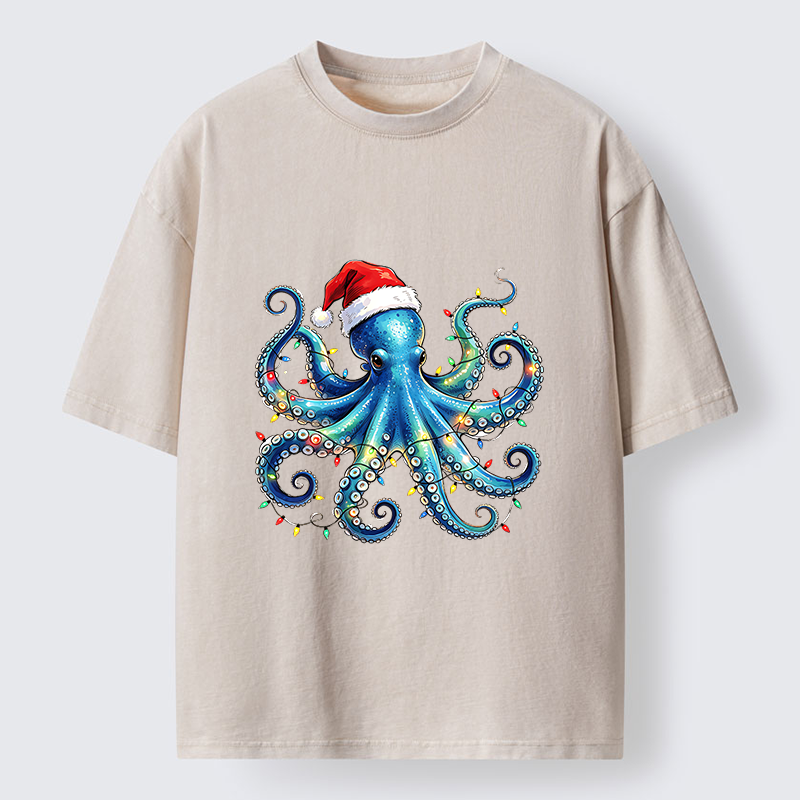 Tokyo‑Tiger Christmas Octopus Lights Washed T‑Shirt