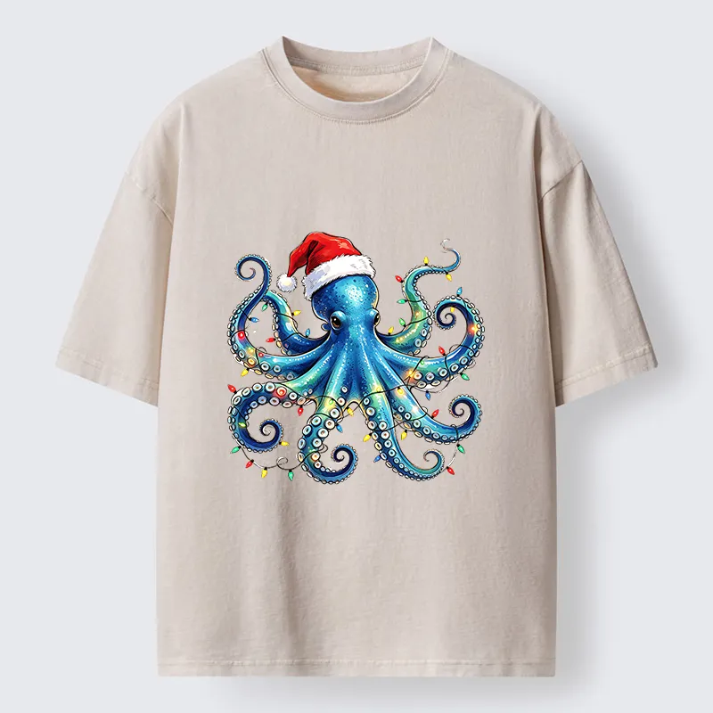 Tokyo‑Tiger Christmas Octopus Lights Washed T‑Shirt