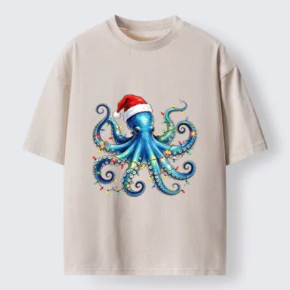 Tokyo‑Tiger Christmas Octopus Lights Washed T‑Shirt