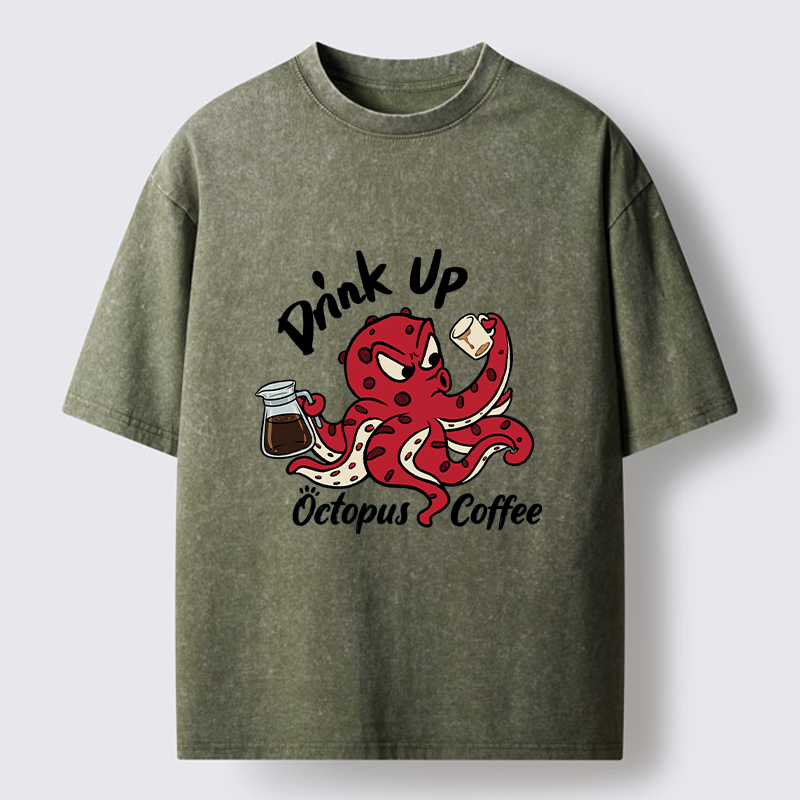 Tokyo-Tiger Red Octopus Drinking Coffee Washed T-Shirt
