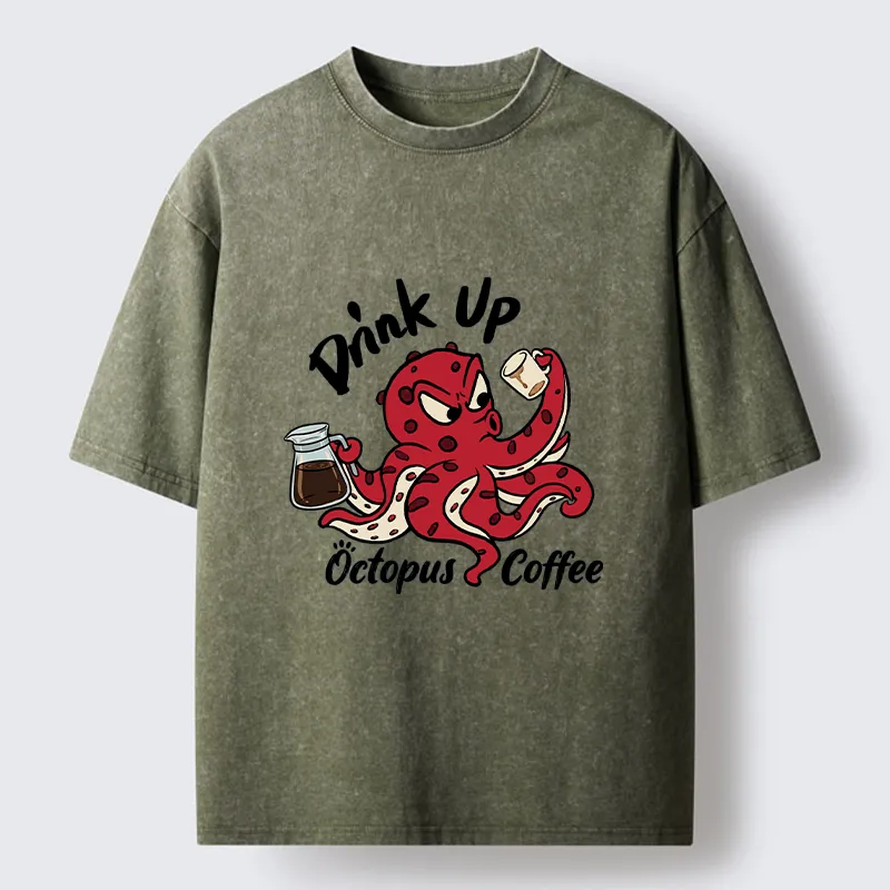 Tokyo-Tiger Red Octopus Drinking Coffee Washed T-Shirt