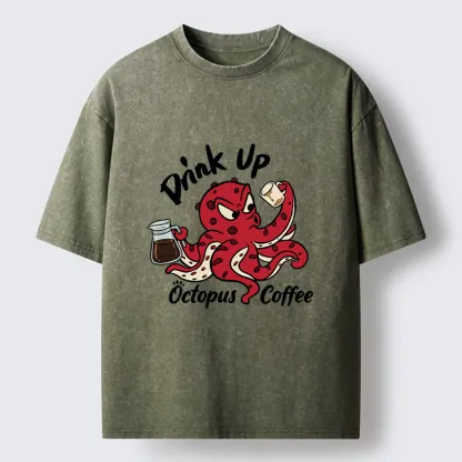 Tokyo-Tiger Red Octopus Drinking Coffee Washed T-Shirt
