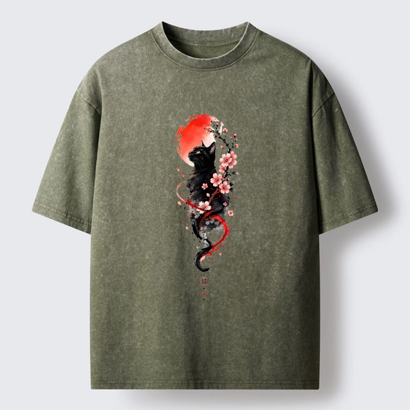 Tokyo‑Tiger Sakura Black Cat Art Washed T‑Shirt