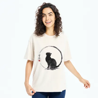 Tokyo-Tiger Traditional Zen Ink Cat Washed T-Shirt