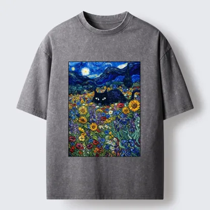 Tokyo‑Tiger Starry Night Cat Washed T‑Shirt