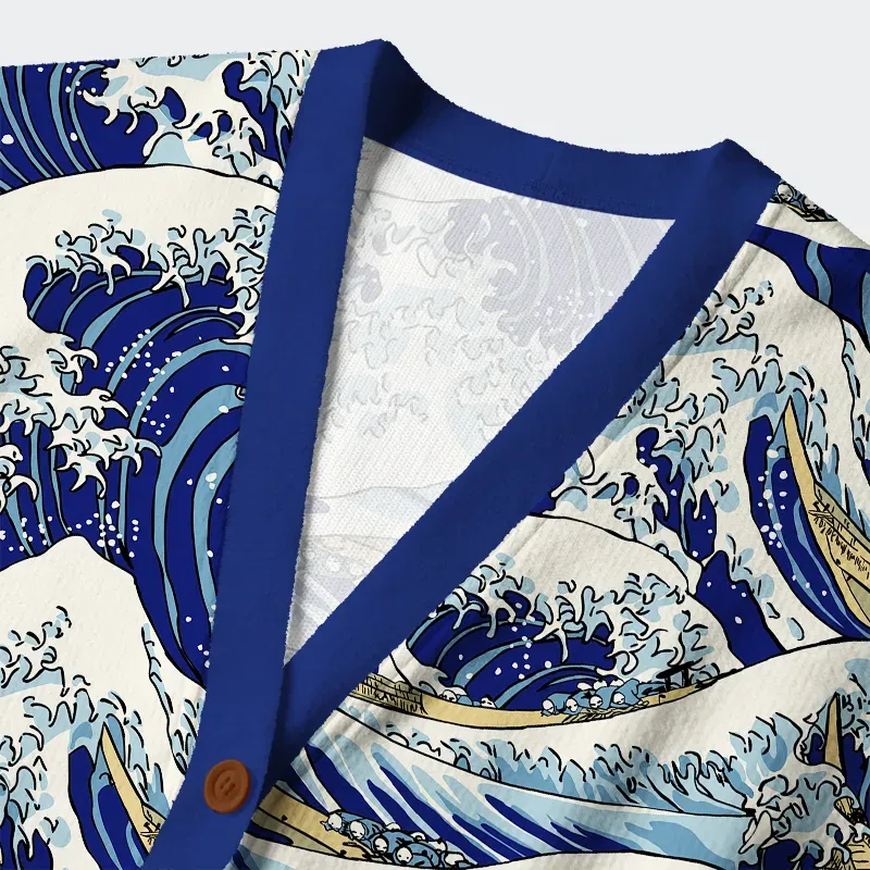 Tokyo-Tiger Tokyo-Tiger Japanese Great Wave Ugly Cardigan Sweater