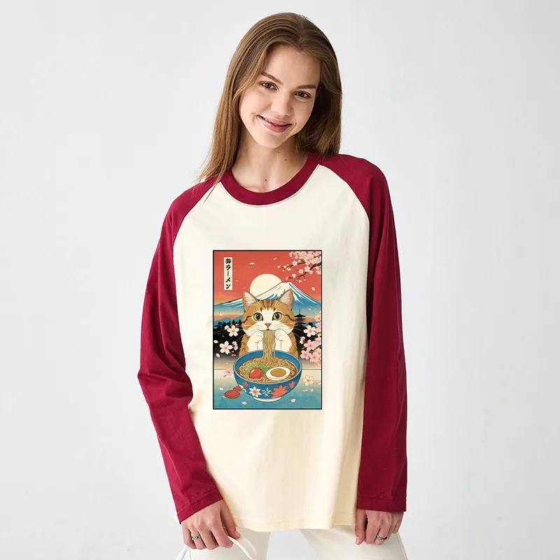 Tokyo-Tiger Funny Orange Cat Eating Ramen Japan Raglan Long Sleeve T-shirt