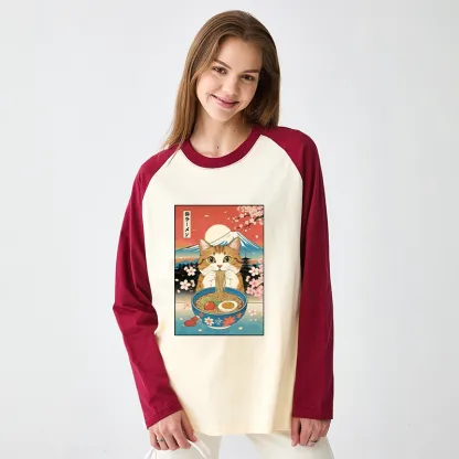 Tokyo-Tiger Funny Orange Cat Eating Ramen Japan Raglan Long Sleeve T-shirt
