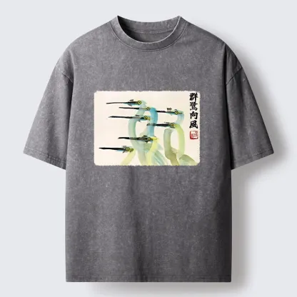 Tokyo‑Tiger Herons Wind Dance Washed T‑Shirt
