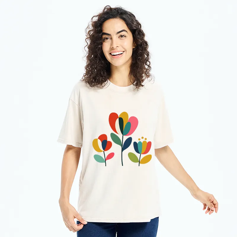 Tokyo-Tiger Modern Color Floral Art Washed T-Shirt