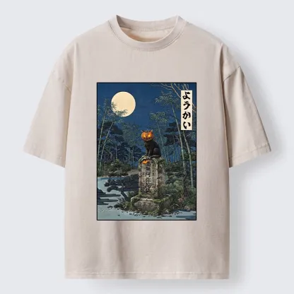 Tokyo‑Tiger Funny Ghost Cat Washed T‑Shirt