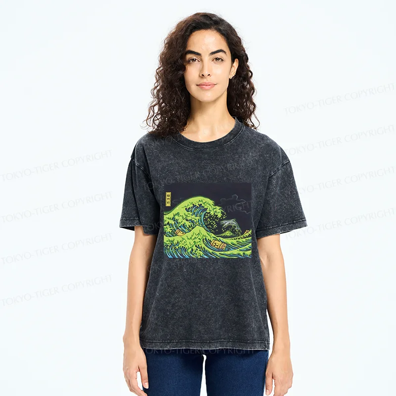 Tokyo-Tiger Polluted Ocean Waves Washed T-Shirt