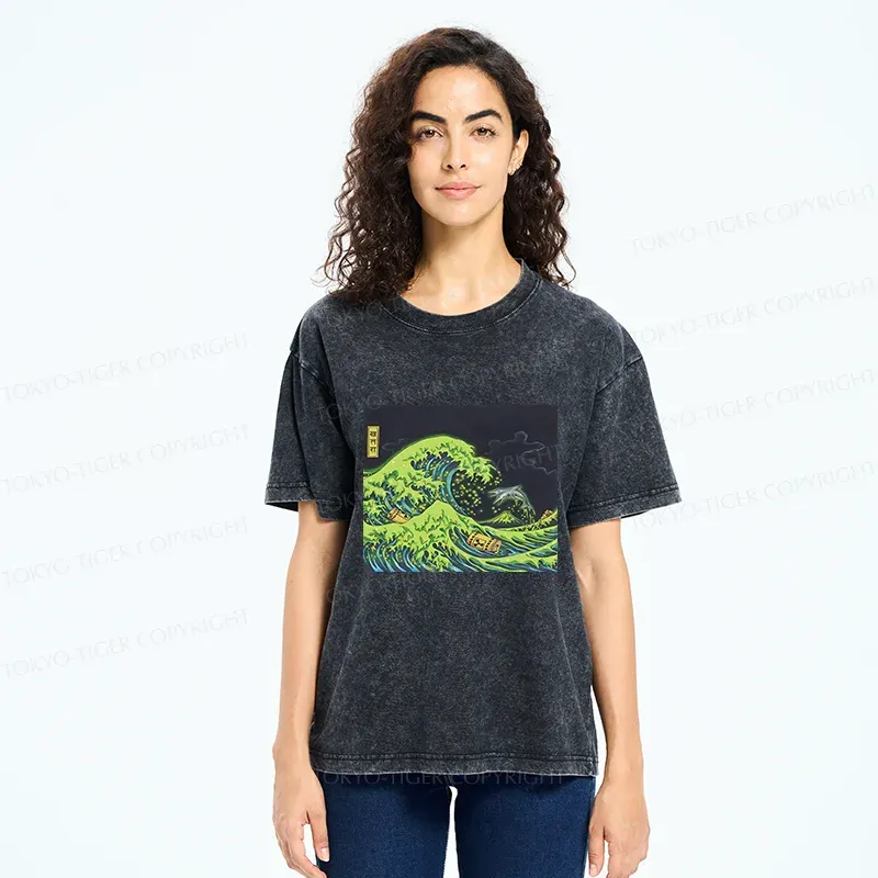 Tokyo-Tiger Polluted Ocean Waves Washed T-Shirt