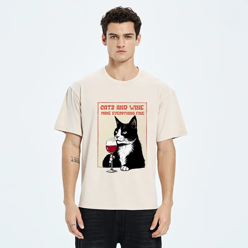 Tokyo-Tiger Tuxedo Cat Drinking Funny Washed T-Shirt