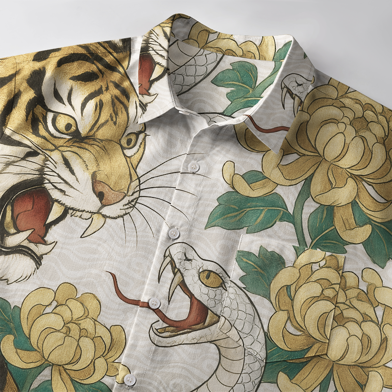 Tokyo-Tiger Tiger And Snake Fight Button-up Shirt