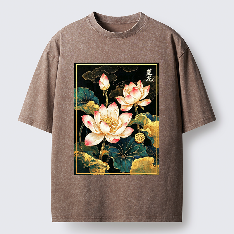 Tokyo-Tiger Oriental Lotus Print Washed T-Shirt
