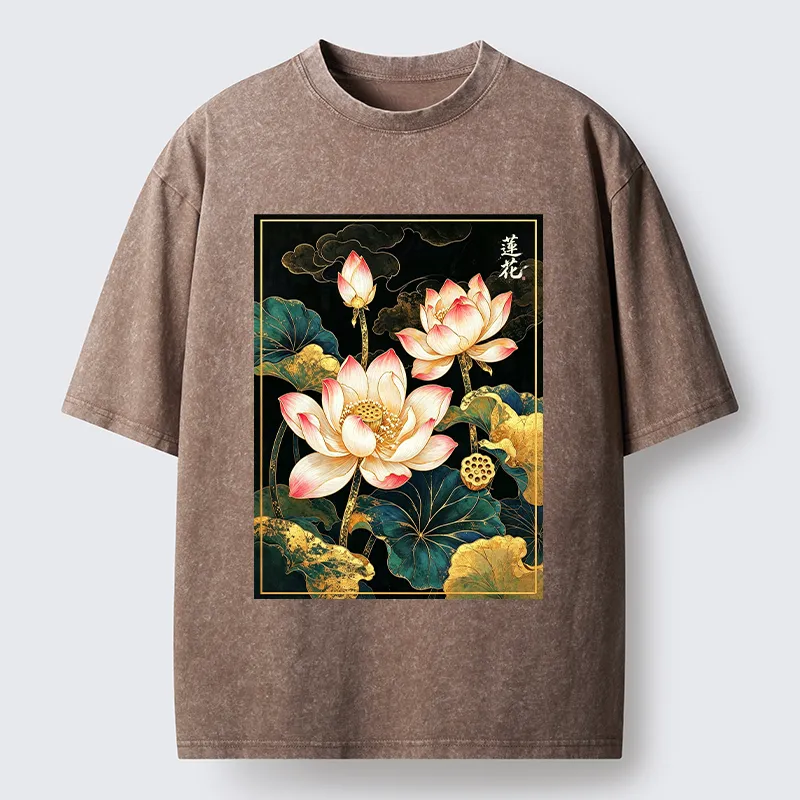 Tokyo-Tiger Oriental Lotus Print Washed T-Shirt