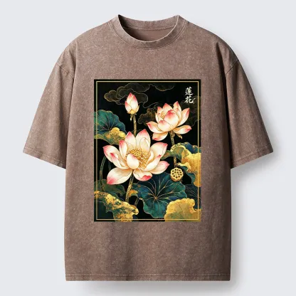 Tokyo-Tiger Oriental Lotus Print Washed T-Shirt