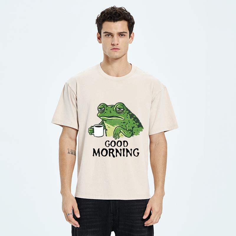 Tokyo-Tiger Morning Coffee Frog Meme Washed T-Shirt