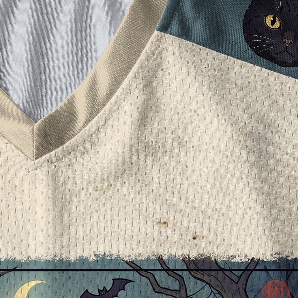 Tokyo-Tiger Halloween Black Cat Riding Fish Skeleton Paneled Long Sleeve Jersey