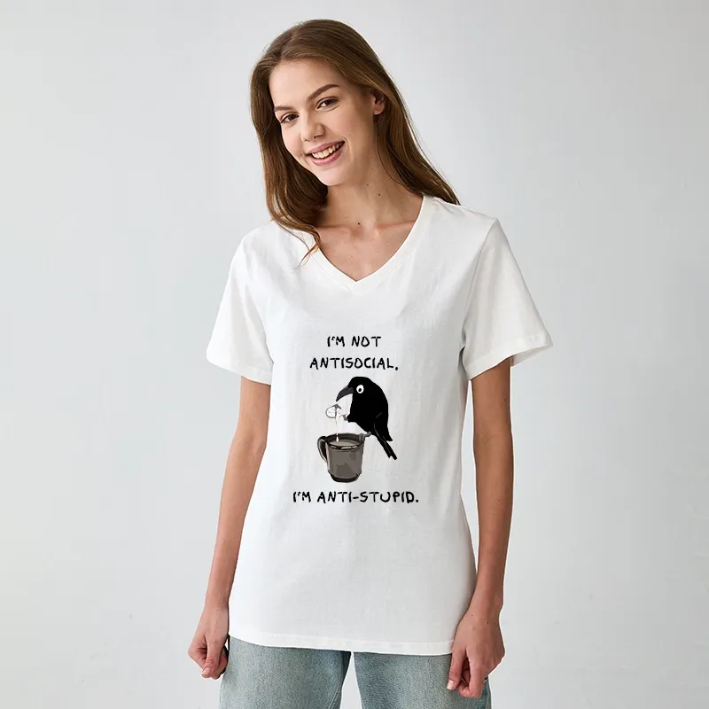 Tokyo-Tiger Cool Crow Sips Calm Coffee Alone V-Neck Classic T-Shirt