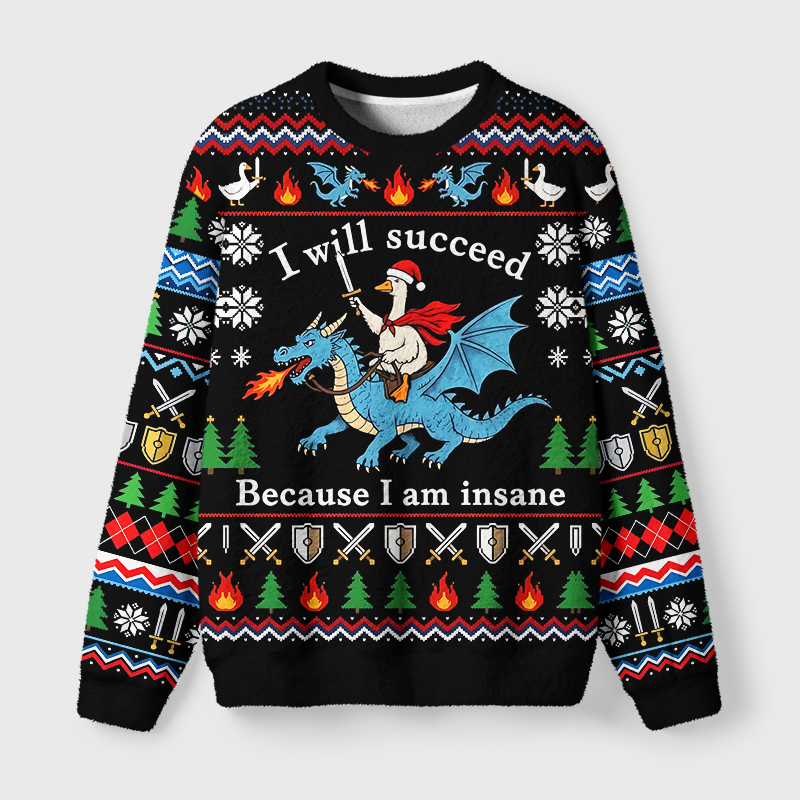 Tokyo-Tiger Funny Warrior Goose Riding Dragon Meme Fuzzy Christmas Ugly Sweatshirt