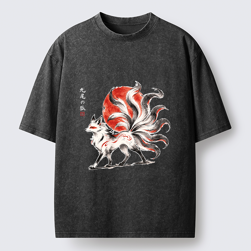 Tokyo-Tiger Nine-Tailed Fox Ink Art Washed T-Shirt