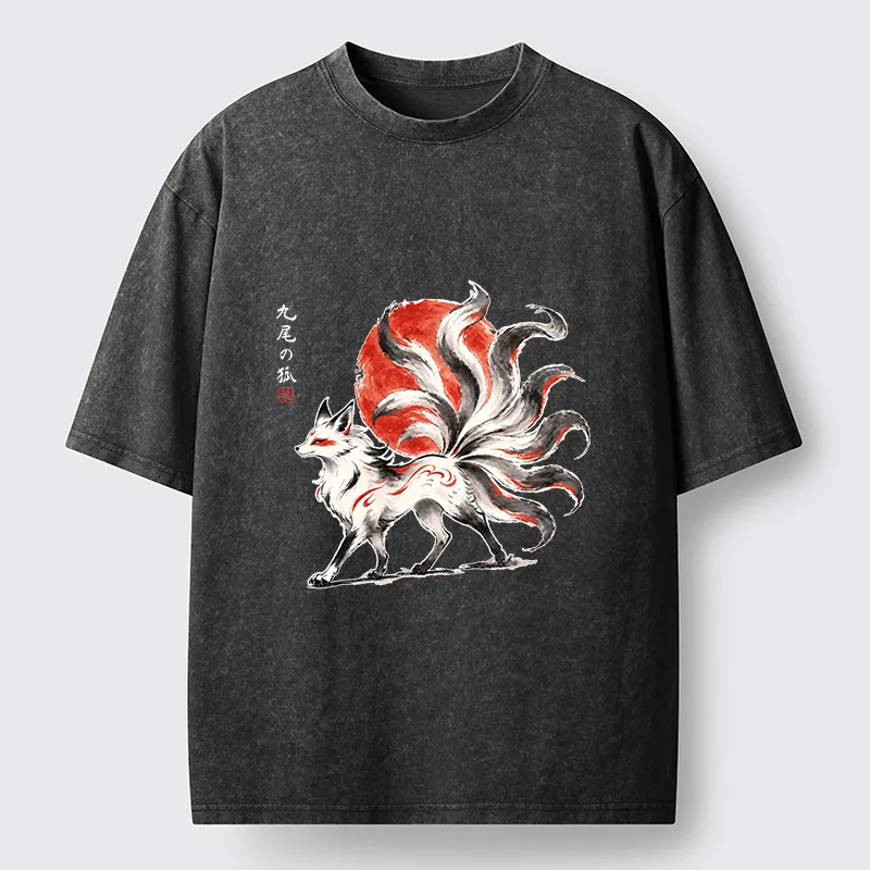 Tokyo-Tiger Nine-Tailed Fox Ink Art Washed T-Shirt