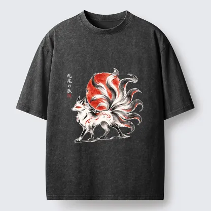 Tokyo-Tiger Nine-Tailed Fox Ink Art Washed T-Shirt